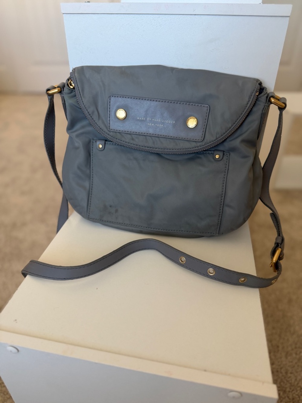 Marc by Marc Jacobs Slate Gray Nylon Crossbody Bag with Gold Hardware